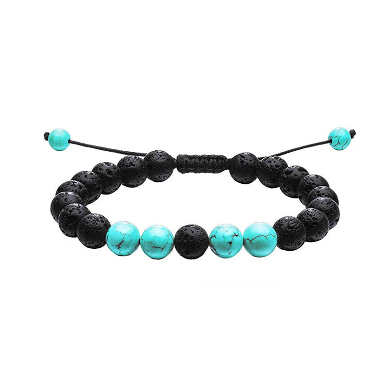 Tiger eye couple bracelets shown in a black and turquoise-color coordinated strand with porous black beads, marbled blue-green accents, and braided cord for easy visual comparison.