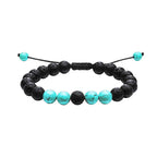 Tiger eye couple bracelets shown in a black and turquoise-color coordinated strand with porous black beads, marbled blue-green accents, and braided cord for easy visual comparison.