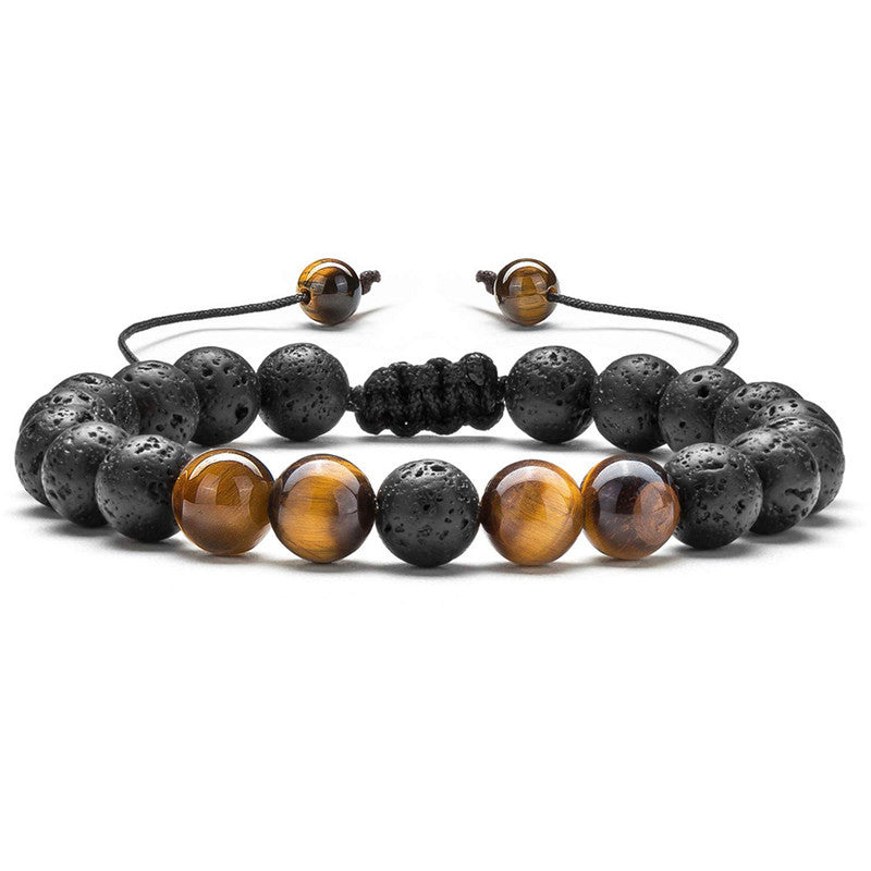 Tiger eye couple bracelets shown as two coordinated rows with porous black beads, golden-brown striped accents, smooth matte beads, and braided closures for easy visual comparison.