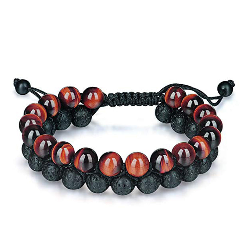 Tiger eye couple bracelets shown in a red-tone and black double-row design with glossy striped round beads, porous black beads, and an adjustable woven cord in one full front view.