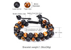 Tiger eye couple bracelets size guide showing labeled 8 mm beads, braided adjustable knots, cord ends, wrist range, circumference, and product weight details for a clear size view.