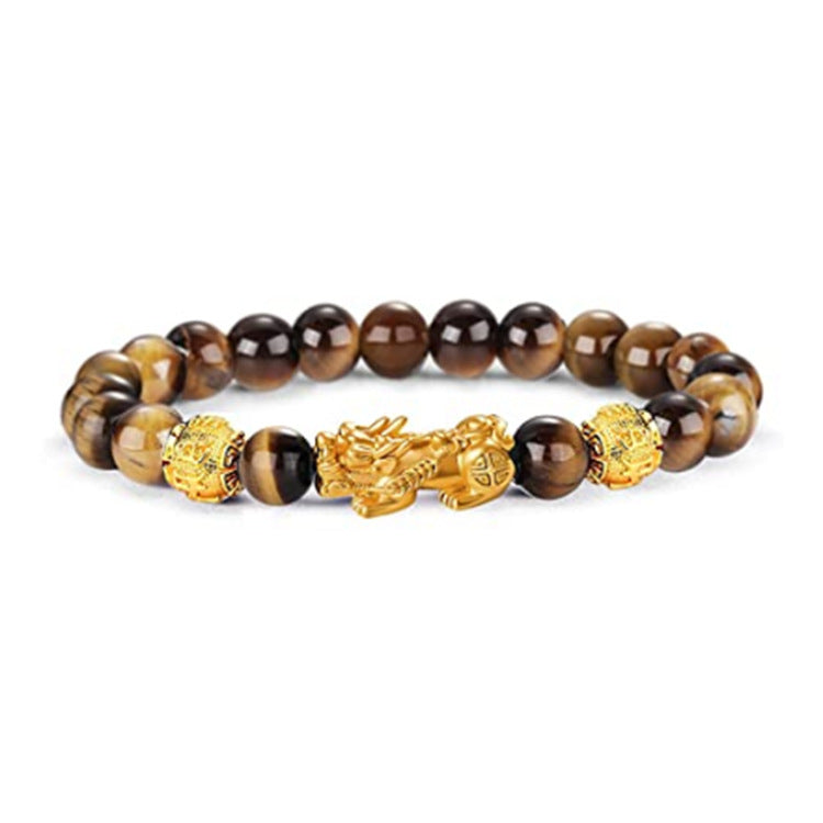 Tiger Eye Pixiu bracelet with golden-brown chatoyant beads and a gold Pixiu charm on white background