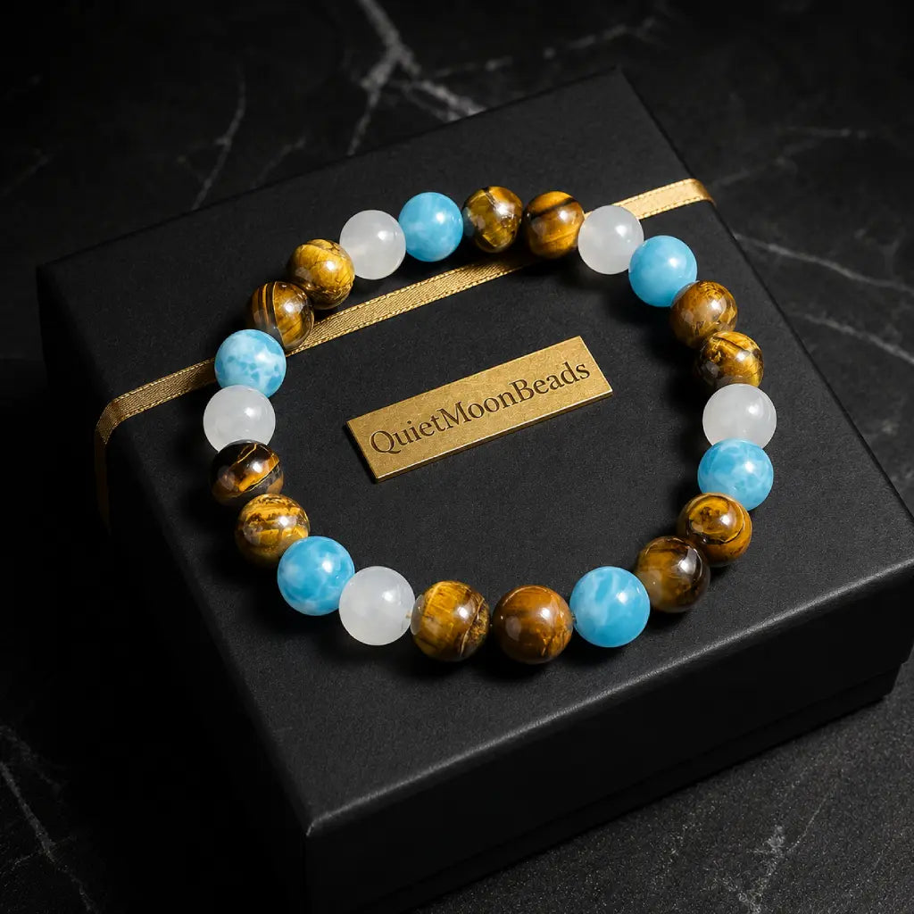Tiger eye bracelet featuring blue and white natural gemstone beads with crystal jewelry styling for elegant wear