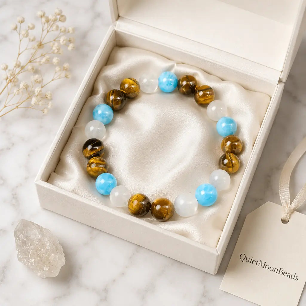 Tiger eye bracelet displayed in a premium jewelry gift box with blue and white gemstone beads for elegant gifting