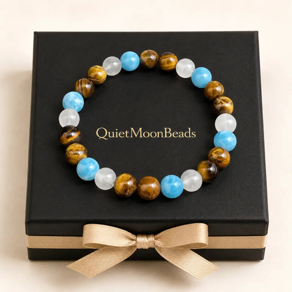 Tiger eye bracelet displayed in premium jewelry box with natural gemstone beads for sophisticated gifting