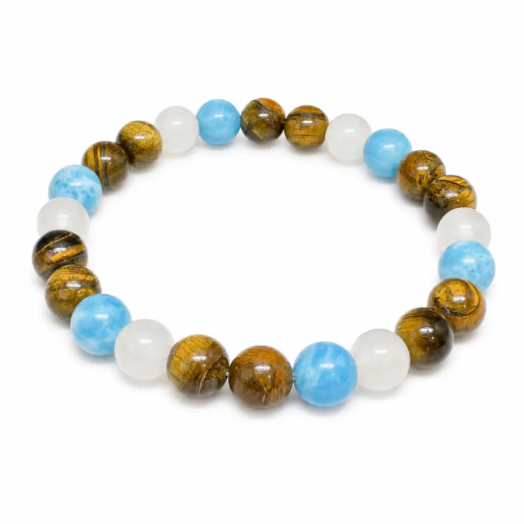 Tiger eye bracelet with polished blue and white gemstone beads creating crystal jewelry for stylish daily wear
