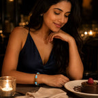 Tiger eye bracelet styled for evening dining with crystal gemstone jewelry adding elegant fashion appeal