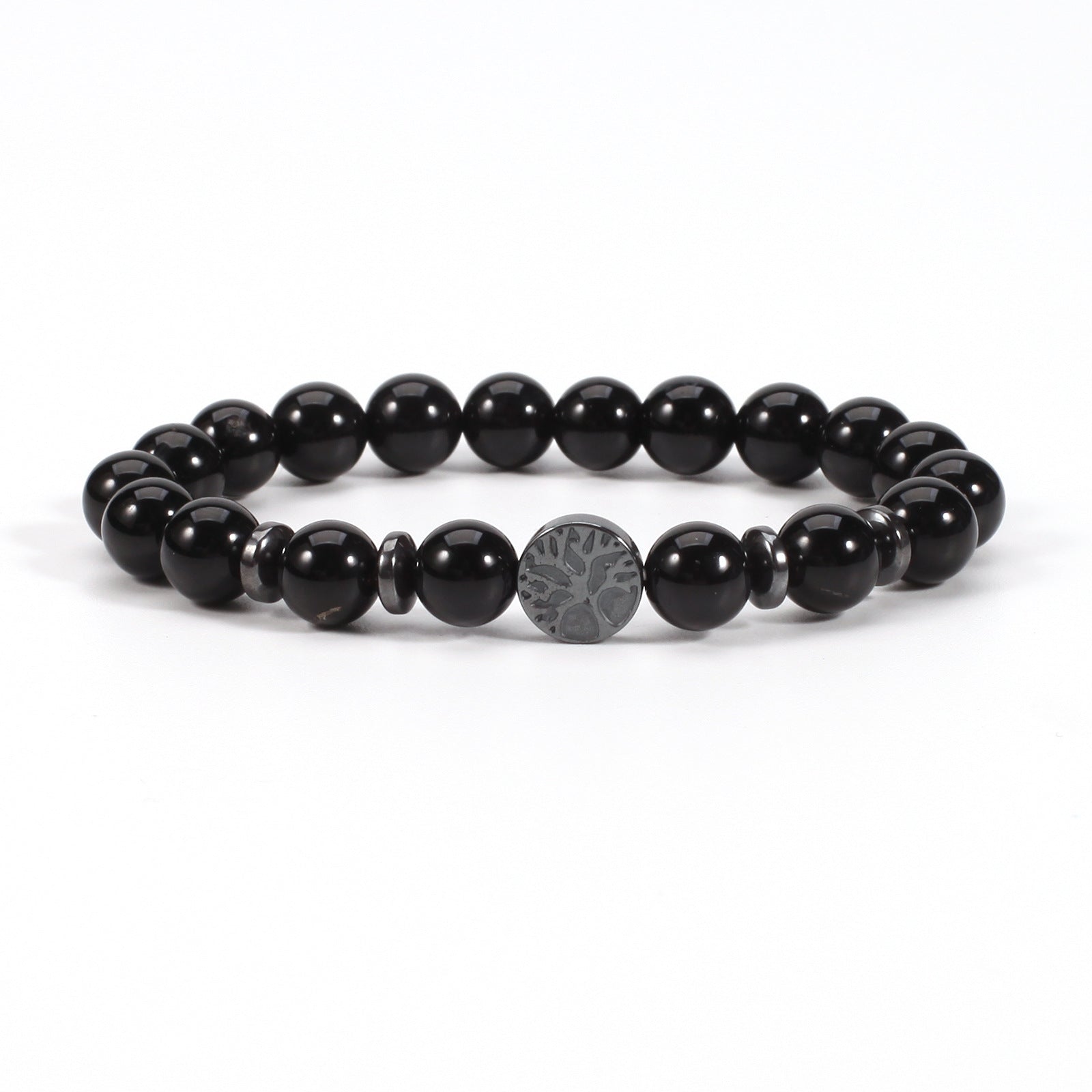 Tree of life stone bracelet in the Obsidian option, with glossy black 8mm round beads, black spacer rings, and a round dark tree-design focal bead on white in a clean product view.