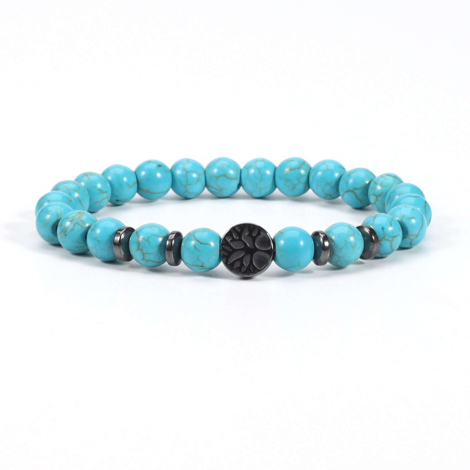 Tree of life stone bracelet in the Synthetic Turquoise option, showing bright blue 8mm beads, black spacer rings, and a round dark tree-design focal bead on white for a clear view.