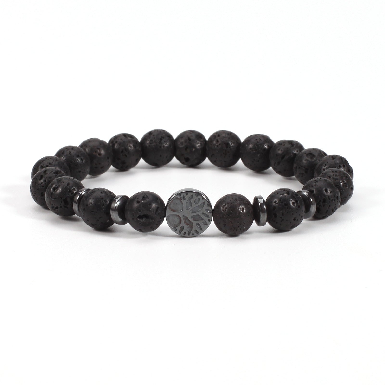 Tree of life stone bracelet in the Volcanic Rock option, with porous black 8mm round beads, black spacer rings, and a round dark tree-design focal bead on a clean white background.