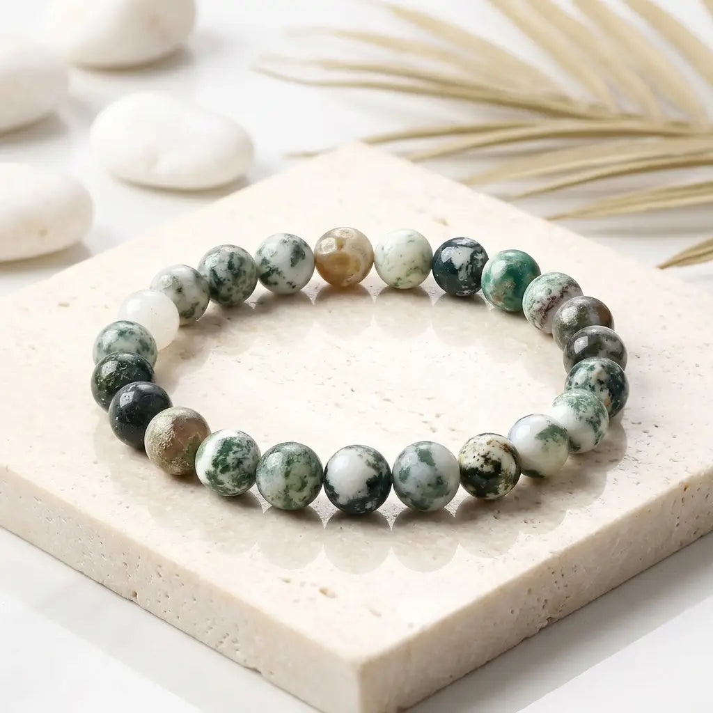 Tree stripe agate bracelet green white round bead bracelet on stone block, earthy healing jewelry for serene gifting