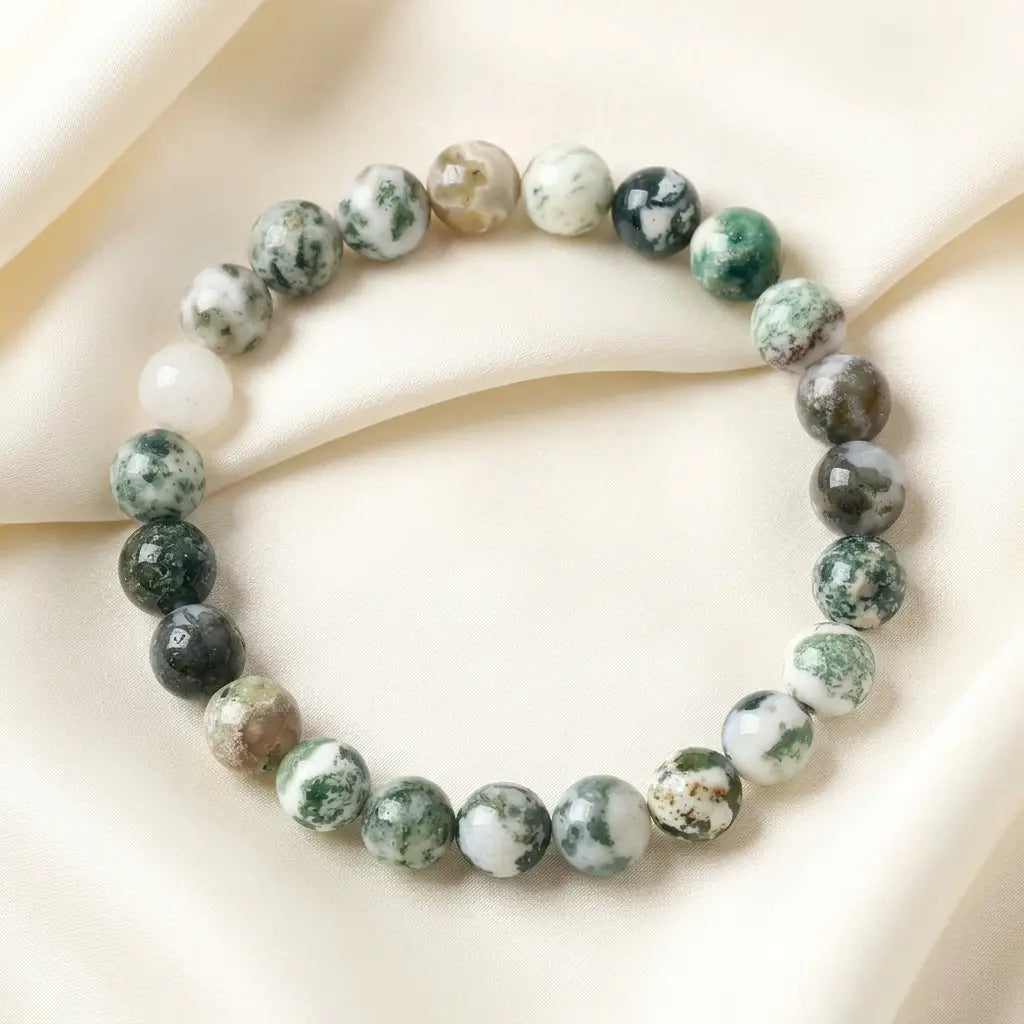 Tree stripe agate bracelet green white bead stretch bracelet on satin, earthy gemstone jewelry for calming style
