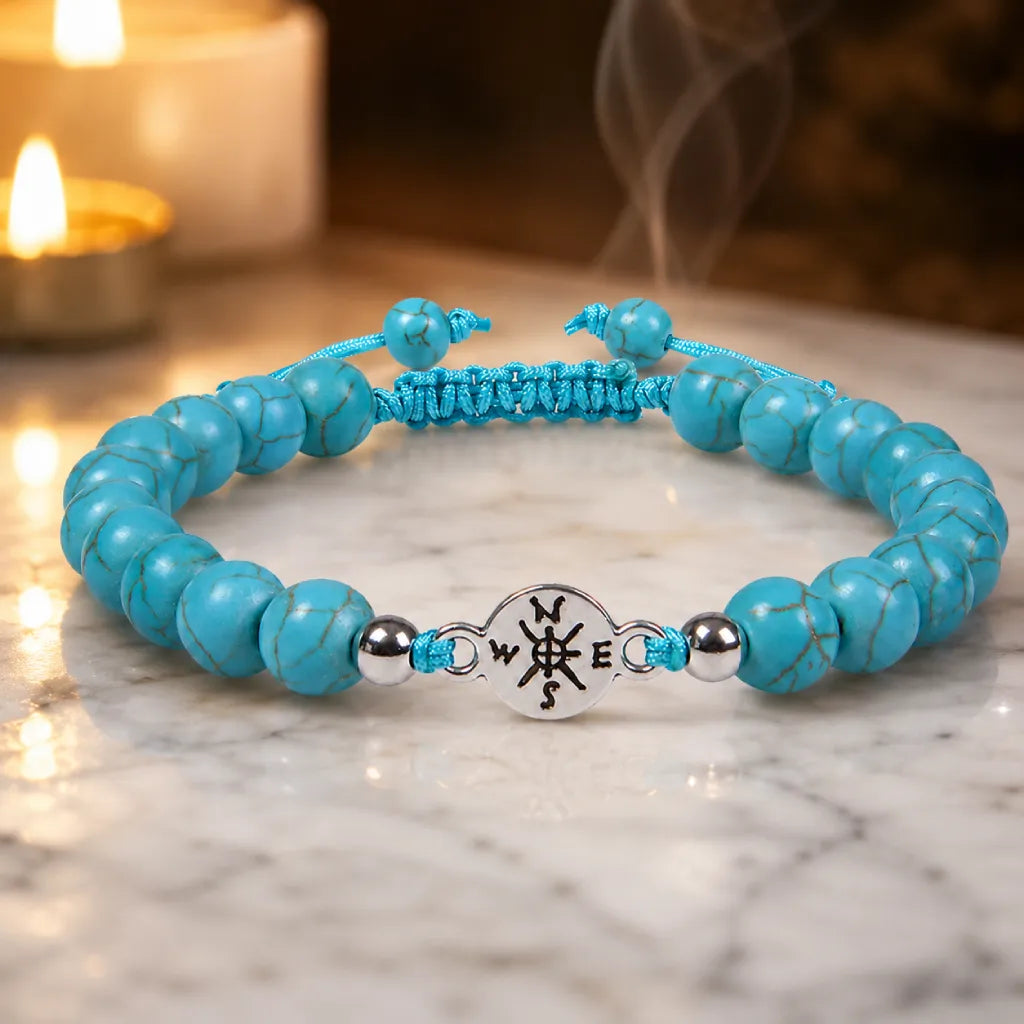 Turquoise bracelet with calming gemstone beads beside crystal decor for peaceful wellness energy
