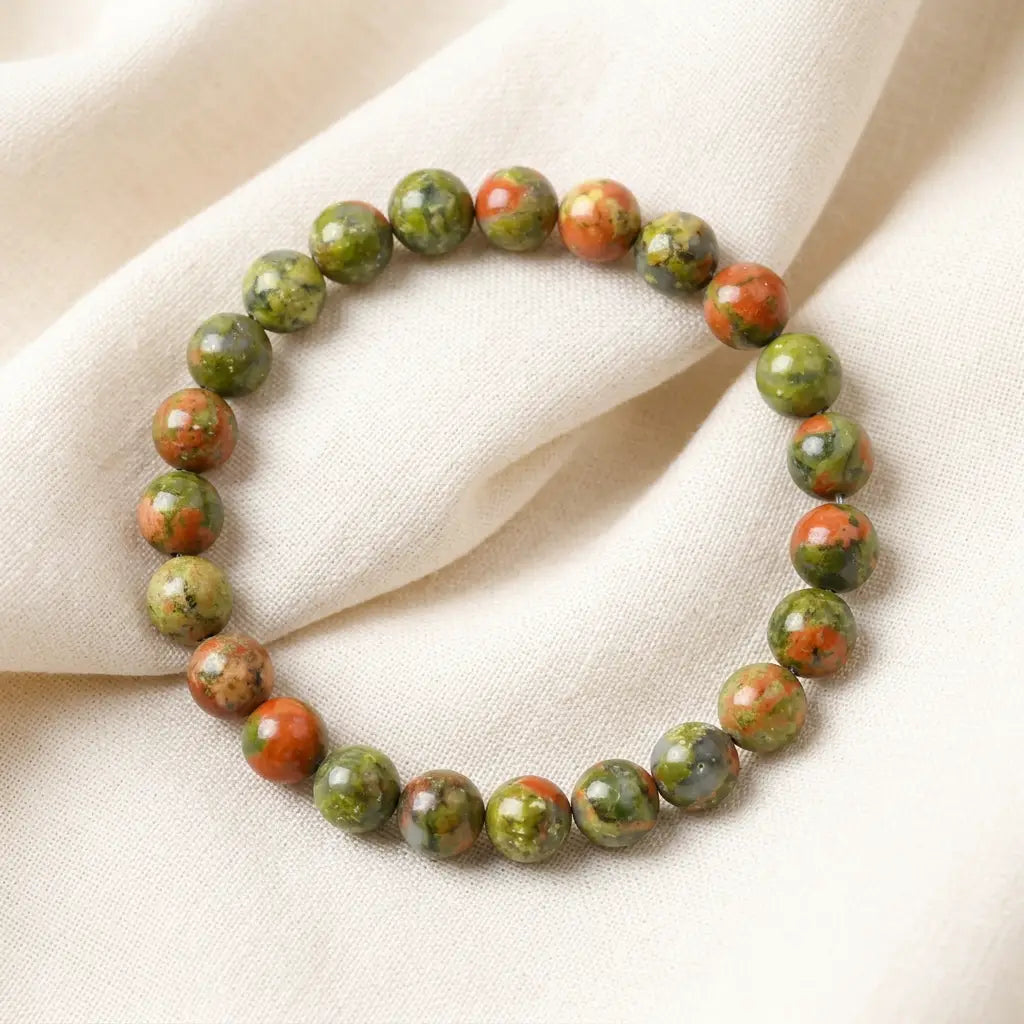 Unakrite stone bracelet polished green pink bead bracelet on soft linen, natural crystal jewelry gift look today