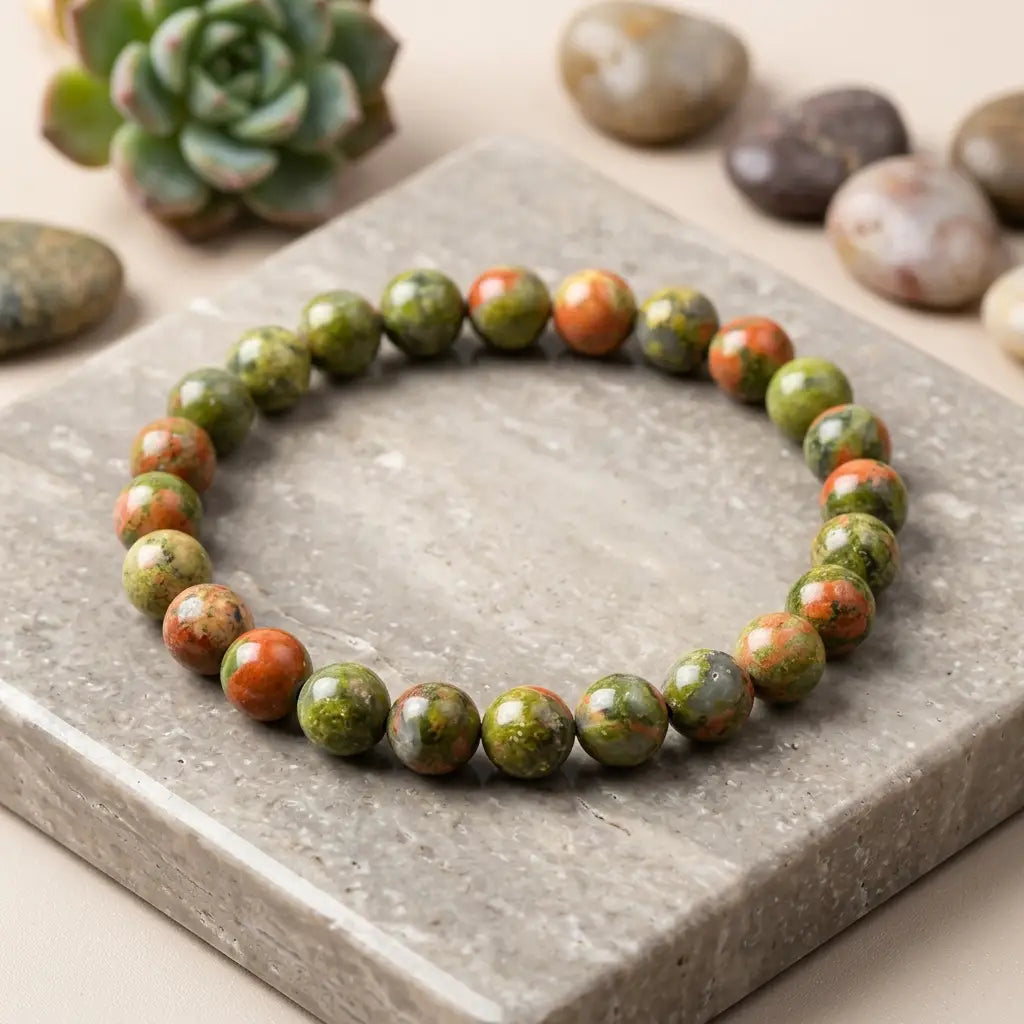 Unakrite stone bracelet green pink bead stretch bracelet on stone slab, earthy gemstone jewelry for balanced style