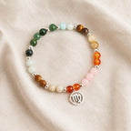 Virgo crystal bracelet arranged on soft fabric background, highlighting premium gemstones and zodiac-inspired craftsmanship