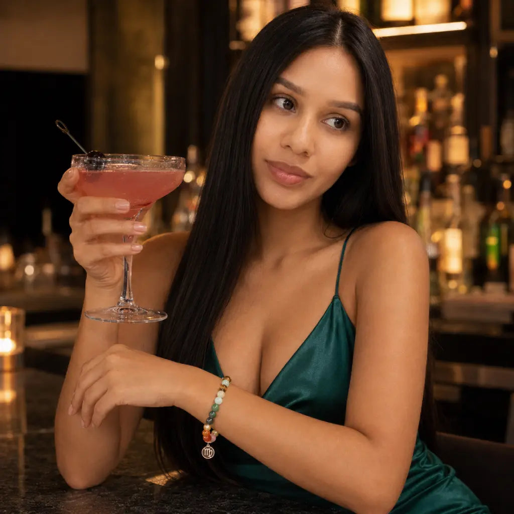 Virgo crystal bracelet styled with elegant evening wear, showcasing gemstone zodiac jewelry for sophisticated occasions