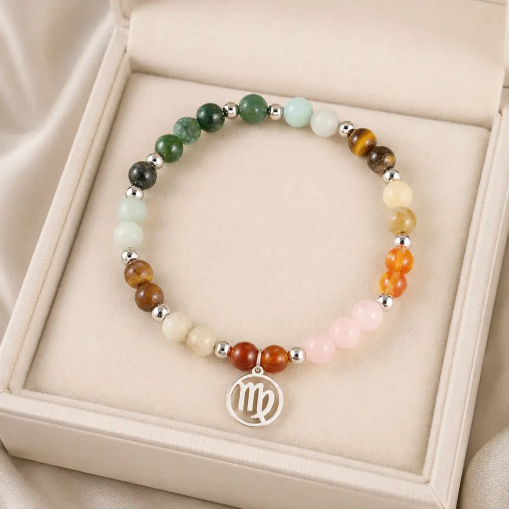 Virgo crystal bracelet displayed in luxury gift box, featuring healing gemstones and zodiac charm for special gifting