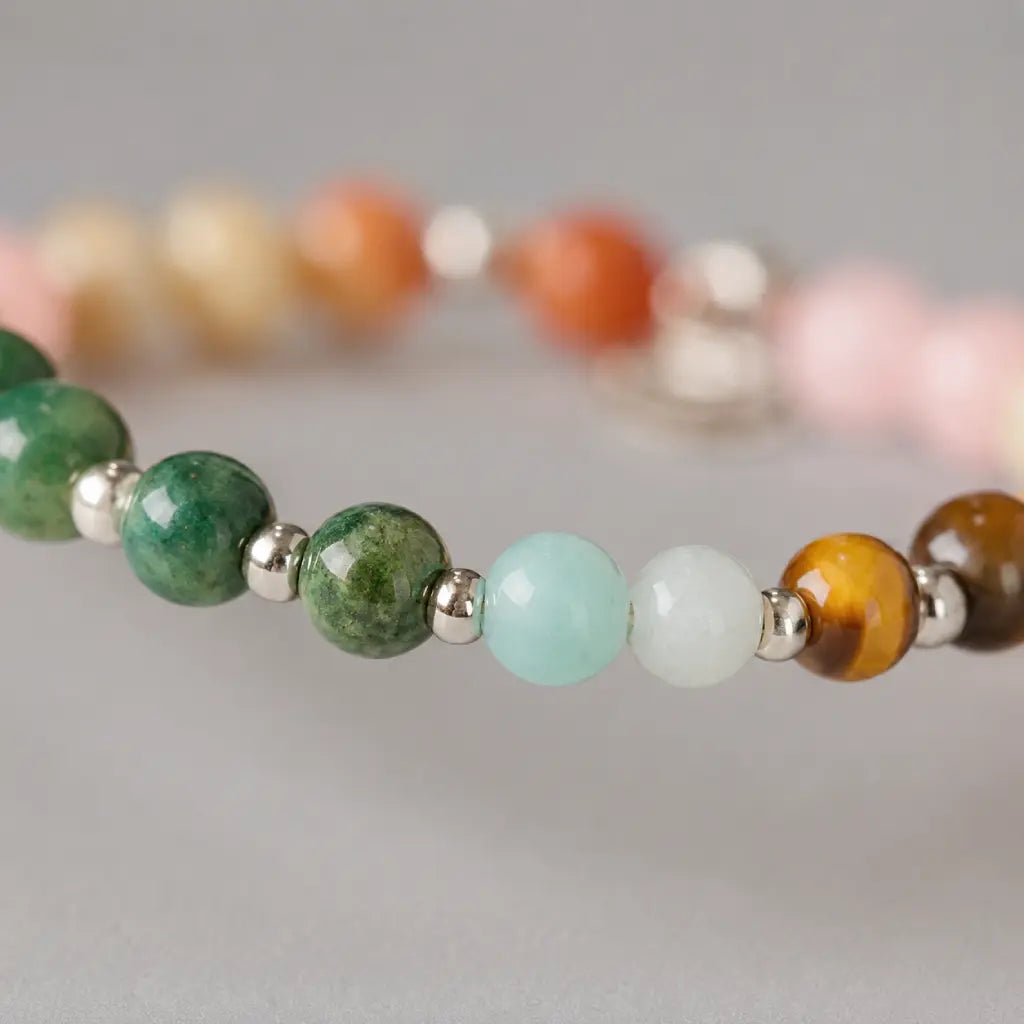 Virgo crystal bracelet close-up featuring multicolor healing gemstones and silver accents for zodiac energy balance