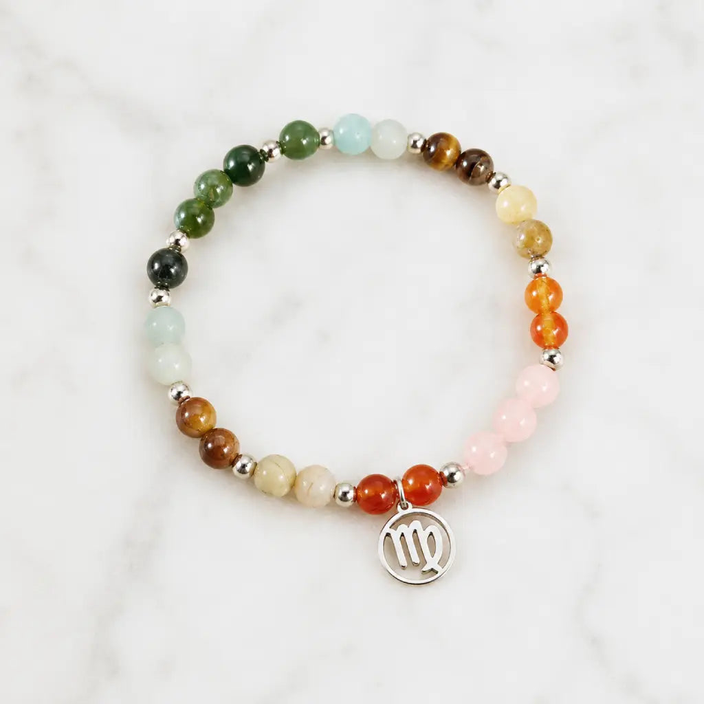 Virgo crystal bracelet product image with natural gemstone beads and Virgo charm, ideal astrology jewelry accessory