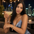 Virgo crystal bracelet worn with satin evening dress, blending zodiac symbolism and healing crystal beauty effortlessly