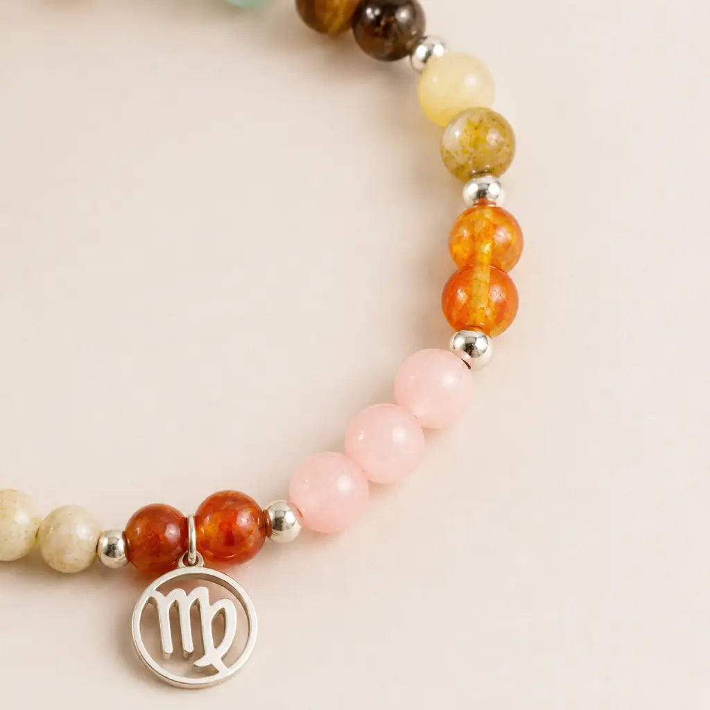 Virgo crystal bracelet featuring rose quartz and vibrant gemstones with Virgo pendant for positive energy and style