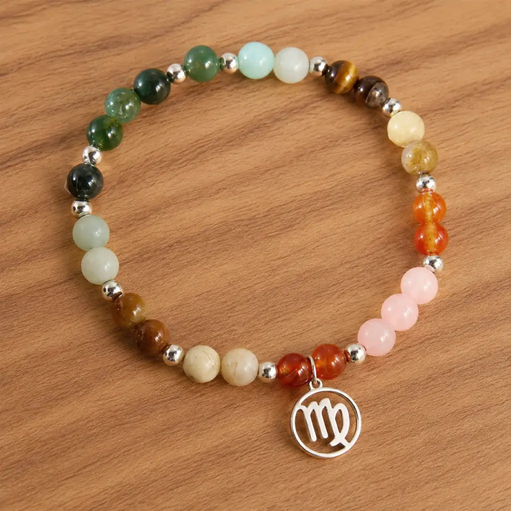 Virgo crystal bracelet showcased on wooden surface with colorful healing stones, perfect zodiac jewelry gift selection