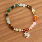 Virgo crystal bracelet showcased on wooden surface with colorful healing stones, perfect zodiac jewelry gift selection