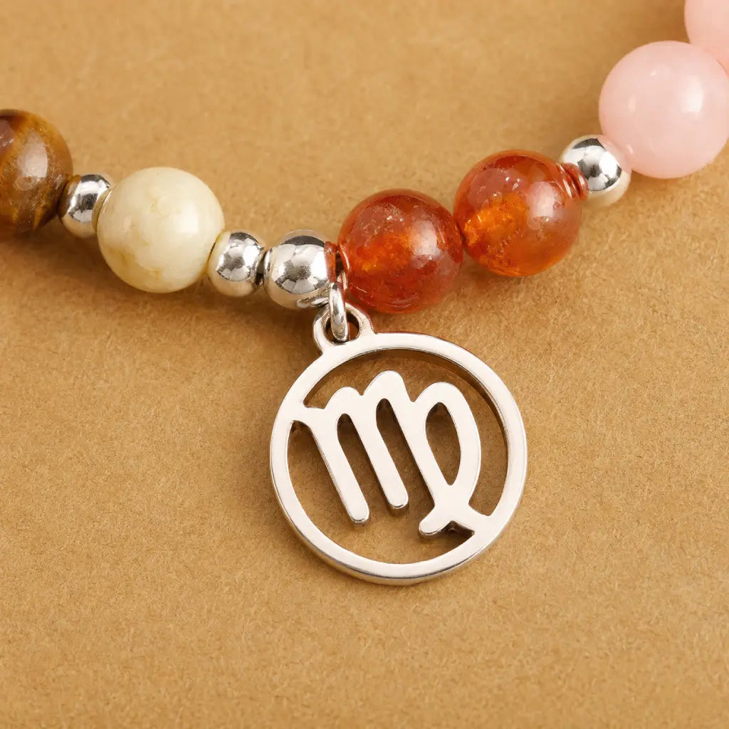 Virgo crystal bracelet with silver Virgo charm and natural gemstone beads, meaningful astrology jewelry gift idea