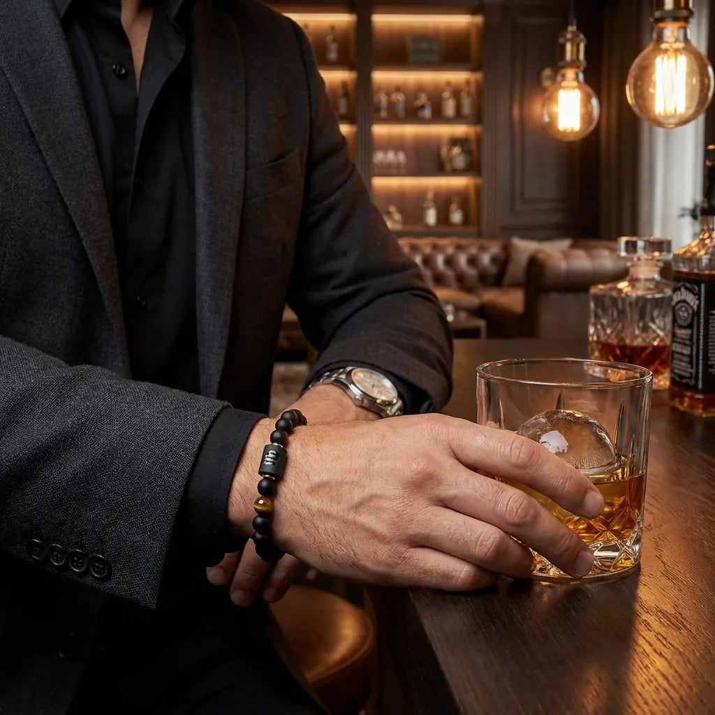 Virgo zodiac bracelet worn by man with black beads and tiger eye accent for stylish evening bar look and confidence