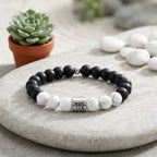 Virgo zodiac bracelet with succulent decor, matte black onyx and white howlite beads for modern astrology style