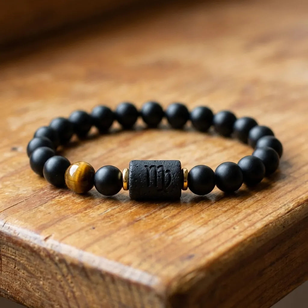Virgo zodiac bracelet on rustic wood with black beads and tiger eye stone for earthy grounded style and gifting appeal