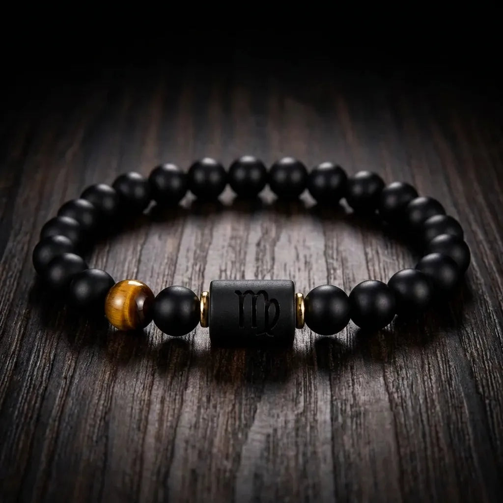 Virgo zodiac bracelet on dark wood with black beads and tiger eye stone for natural earthy style and gifting appeal