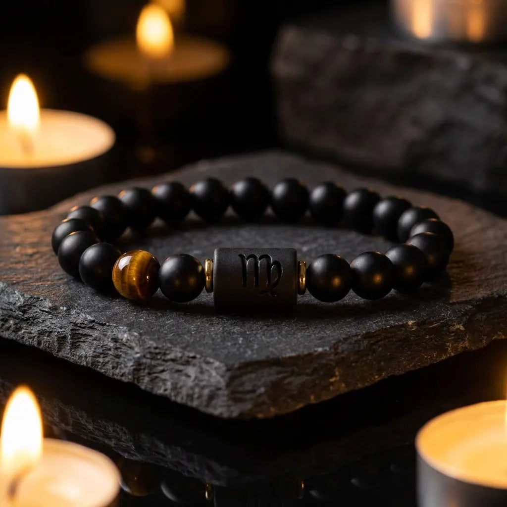Virgo zodiac bracelet with black beads and tiger eye stone on candlelit background for calming spiritual gift appeal