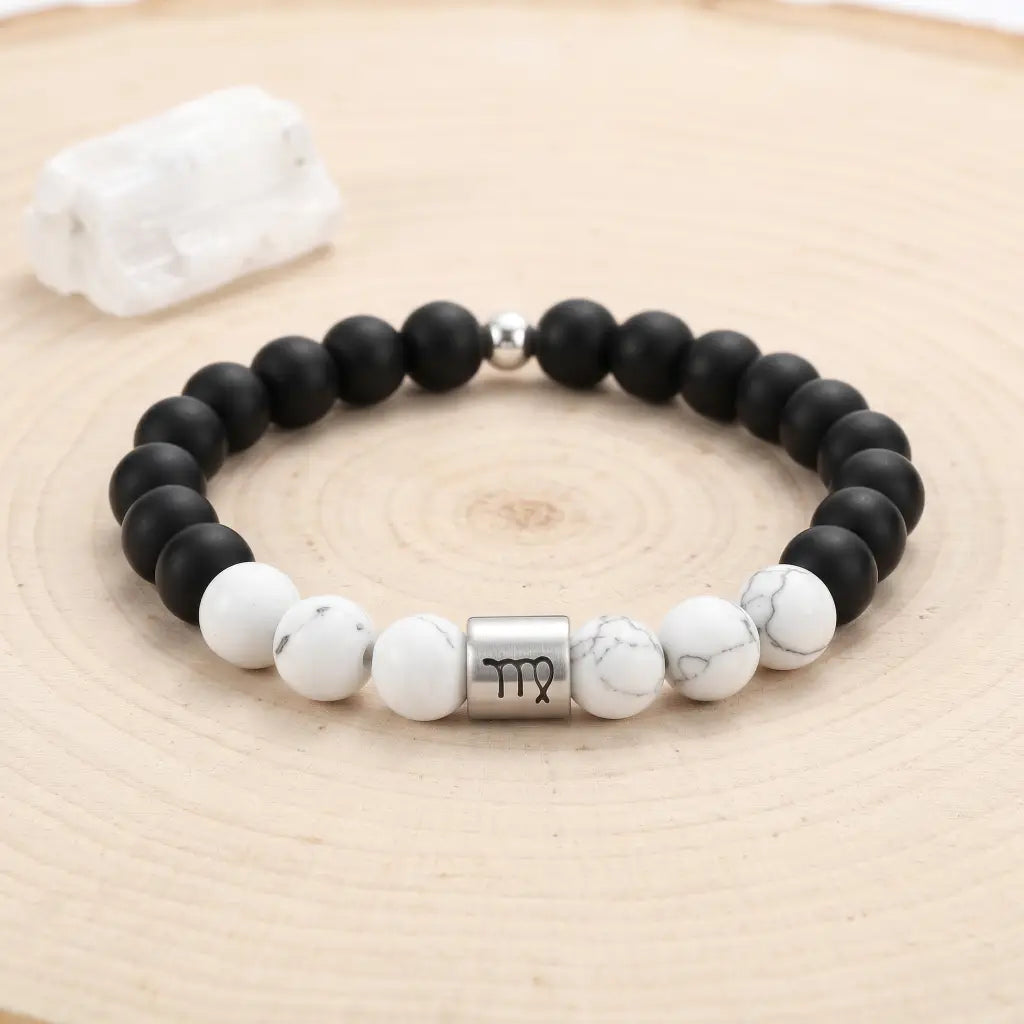 Virgo zodiac bracelet with matte black onyx and white howlite beads, silver charm, healing crystal style for gifting
