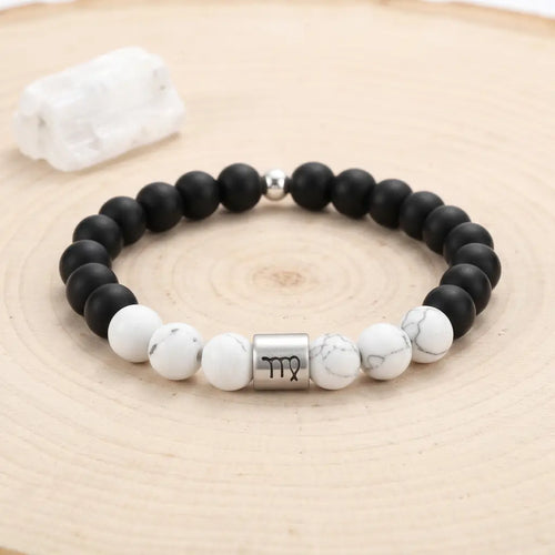 Virgo zodiac bracelet with matte black onyx and white howlite beads, silver charm, healing crystal style for gifting