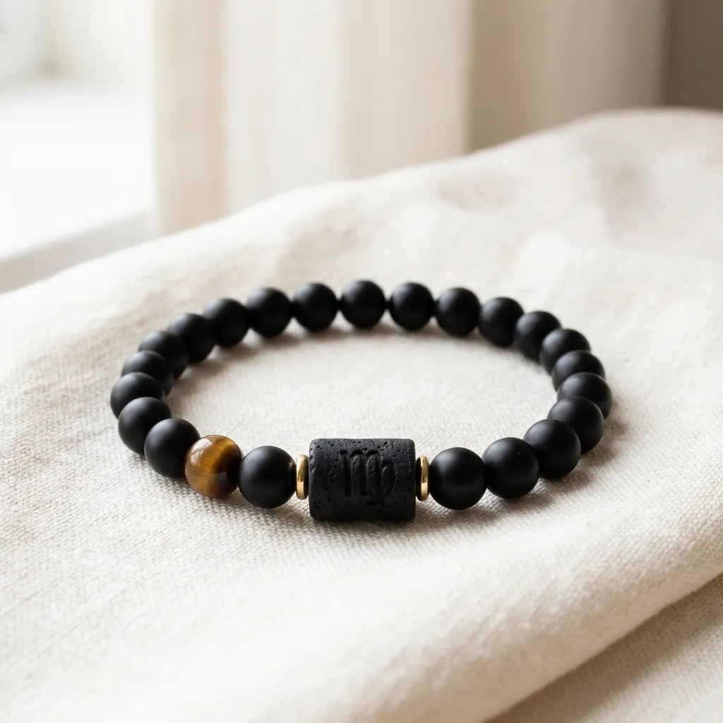 Virgo zodiac bracelet on soft fabric with black beads and tiger eye stone for calming neutral aesthetic and gift appeal