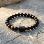 Virgo zodiac bracelet on natural stone with black beads and tiger eye accent for outdoor earthy luxury jewelry style