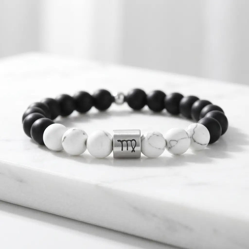 Virgo zodiac bracelet on white marble with black onyx, howlite beads, silver charm, minimalist gift look for her