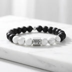 Virgo zodiac bracelet on white marble with black onyx, howlite beads, silver charm, minimalist gift look for her