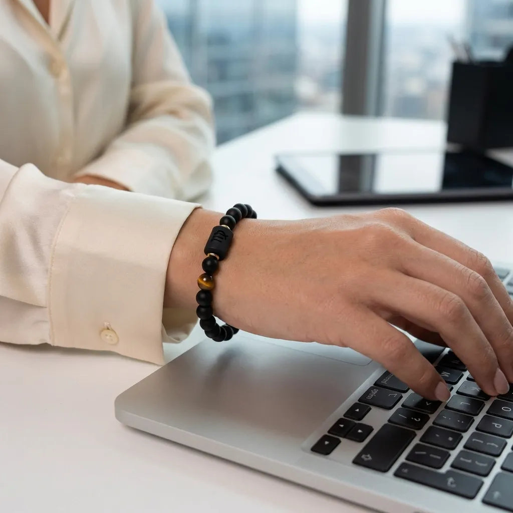 Virgo zodiac bracelet worn at work with black beads and tiger eye stone for confident professional daily style