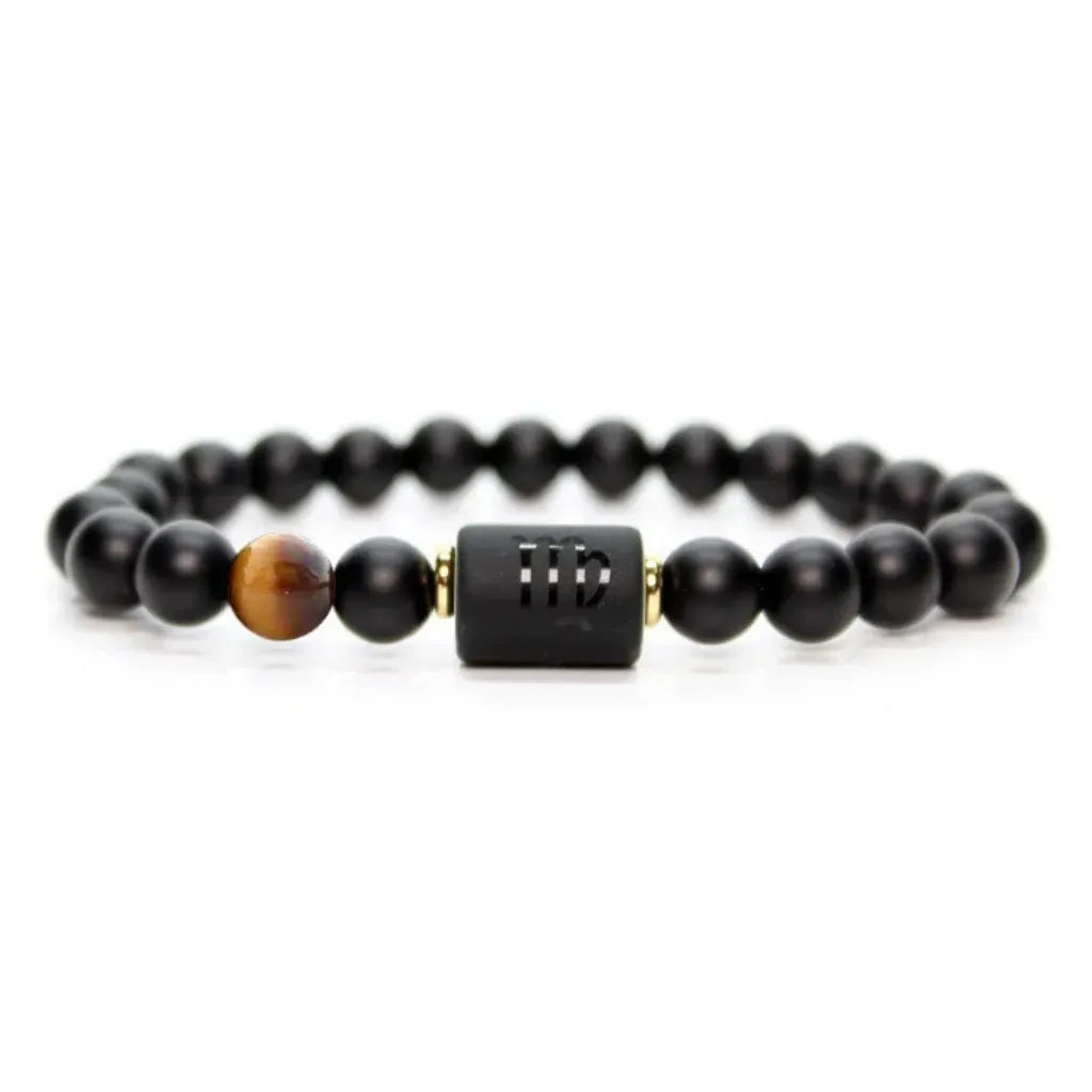 Virgo zodiac bracelet isolated on white with black beads and tiger eye detail for clean high conversion product display