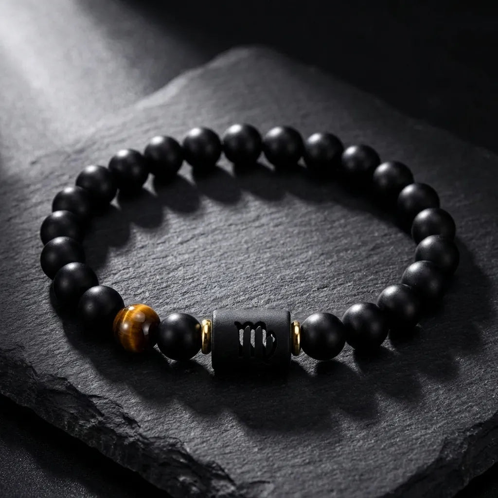 Virgo zodiac bracelet on dark slate with matte black beads and tiger eye stone for minimalist modern style appeal