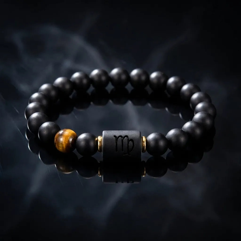 Virgo zodiac bracelet with matte black beads and tiger eye accent in smoky setting for bold luxury astrology style