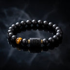 Virgo zodiac bracelet with matte black beads and tiger eye accent in smoky setting for bold luxury astrology style