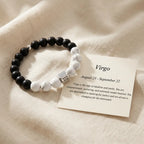 Virgo zodiac bracelet beside horoscope card, matte black onyx and white howlite beads for meaningful gift style
