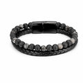 Volcanic Rock Larvikite bracelet with braided leather and textured lava stone beads delivers modern elegance