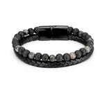 Volcanic Rock Larvikite bracelet with braided leather and textured lava stone beads delivers modern elegance