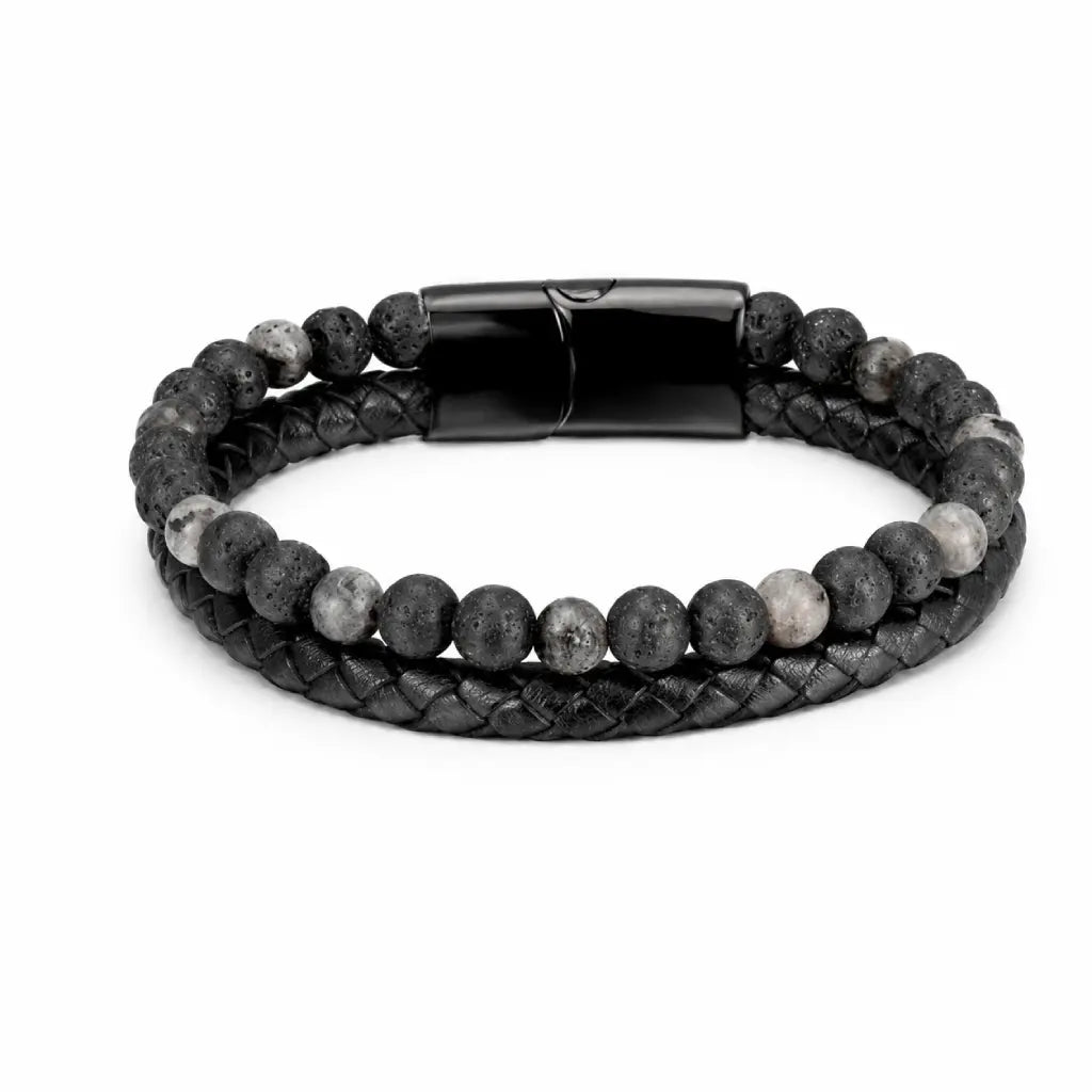 Volcanic Rock Larvikite bracelet with braided leather and textured lava stone beads delivers modern elegance