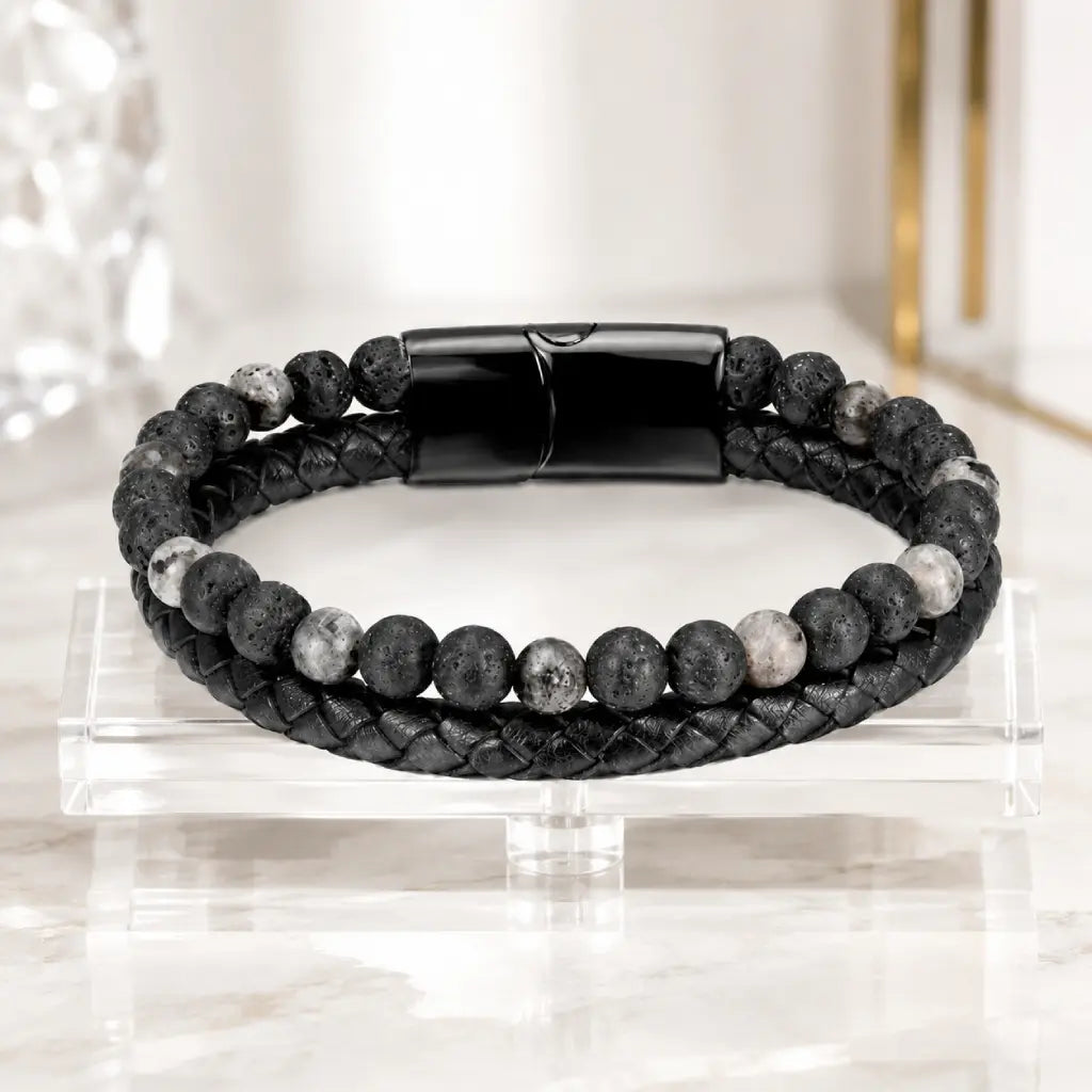 Volcanic Rock Larvikite bracelet on clear display stand with braided leather and lava beads for premium appeal